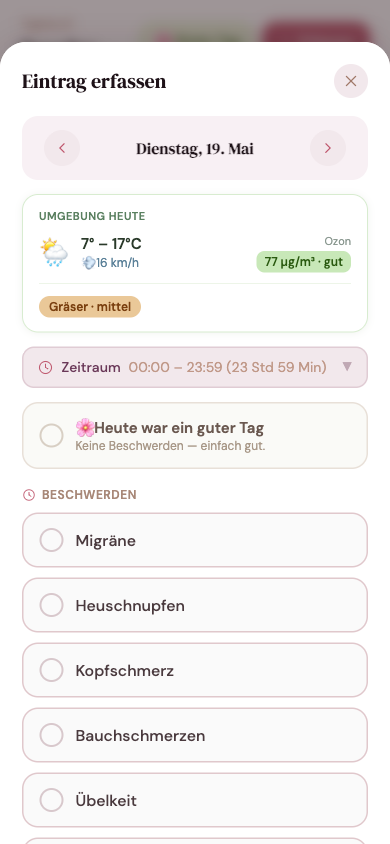 Erfassen-Modal mit Umgebungsdaten und Beschwerde-Auswahl