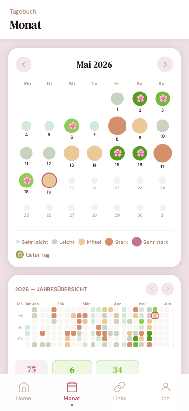 Monatsansicht mit Bubble-Grid und Jahres-Heatmap